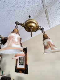 C 1913  2 Lite Brass And Painted Milk Glass Chandelier