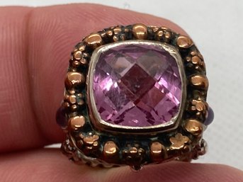 Very Fine Modernist Sterling Silver Ring With A Large Faceted Pink Tourmaline And Side Cabochons