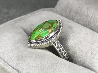 Fabulous Brand New 925 / Sterling Silver Ring With Green Turquoise - Never Worn - Hand Made In India - Wow !