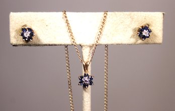 Gilt Sterling Silver Diamond And Sapphire Necklace And Pierced Earrings