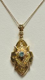 BEAUTIFUL 14K GOLD ESEMCO BLUE ZIRCON ART DECO LAVALIER NECKLACE