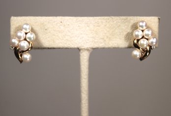 14K Yellow Gold Diamond And Cultured Pearl Pierced Earrings