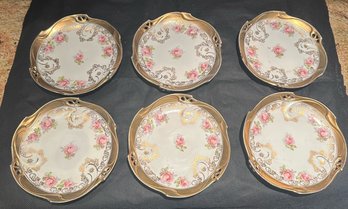Antique Very Pretty Floral Dessert Plates With Gilded Reticulated Design Around The Edge