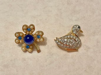 Vintage Signed Coro Four Leaf Clover Pin & Rhinestone Duck Pin