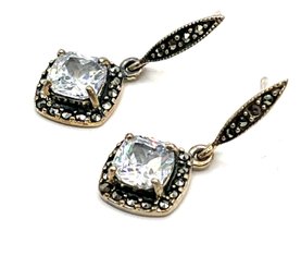 Beautiful Vintage Sterling Silver Marcasite And Clear Sparkly Stone Dangle Earrings