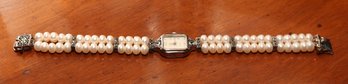 Elegant Quartz Watch With Double Strand Water Pearls And Marcasite Strap And Sterling Silver Lock