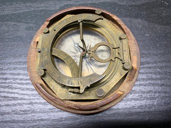 Antique Brass Nautical Sundial Compass Marine Sum Clock With Wood Case Bottom With Paper Label.