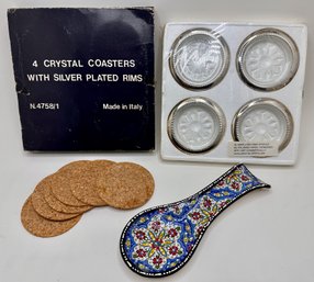 New In Box Italian Silver Plate Coasters, Hand Painted Ceramic Spoon Rest & New Cork Coasters