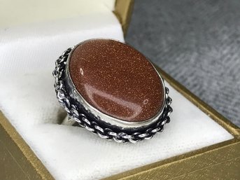 Fantastic Brand New - Sterling Silver / 925 Cocktail Ring With Goldstone - Very Pretty Ring  / Chain Link Trim