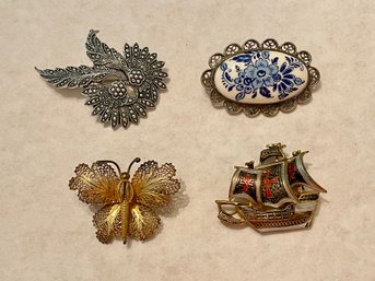 Four European Made Brooches Including Delfts