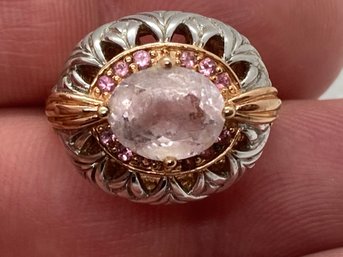 Very Fine Sterling Silver Vermeil Ring With A Faceted Rose Quartz Center Stone And Tourmaline Halo