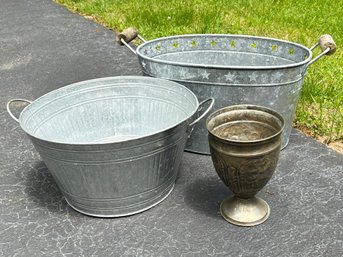 A Pair Of Galvanized Drinks Buckets And A Vintage Brass Vase