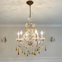 A Vintage  Italia Gilt Metal Chandelier With Amber Teardrop Prisms And Crystal - Hollywood Regency - Dining Rm