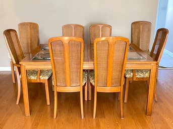 A Vintage Oak Extendable Dining Table With Paneled Glass Top, And Cane Backed Chairs