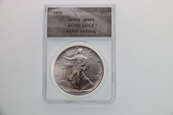 1994 Anacs Ms 69 Silver Eagle .999 One Ounce Silver Coin