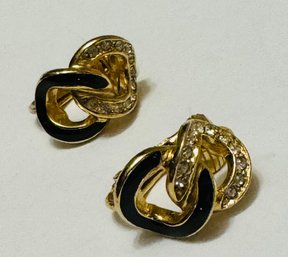 VINTAGE CHRISTIAN DIOR GOLD TONE BLACK ENAMEL RHINESTONE CLIP-ON EARRINGS