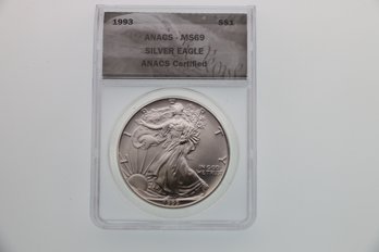 1993 Anacs Ms 69 Silver Eagle .999 One Ounce Silver Coin