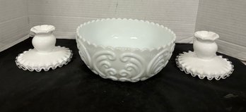 Fenton Silver Crest Ruffled Edge Pair Of Milk Glass Candle Stick Holders&large Milk Glass Serving Bowl. AB/E2