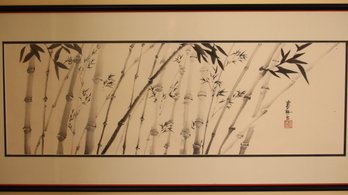 LARGE FRAMED JAPANESE INK ON SILK PAINTING OF BAMBOO