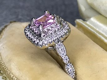 Beautiful 925 / Sterling Silver Ring With Pink Tourmaline And Sparkling White Zircons - Very Pretty Ring