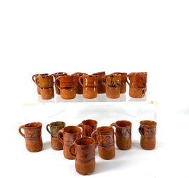 Mexican Red Clay Small Handled Cups With Glazed Patterns