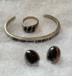 Sterling And Onyx Cuff Bracelet, Earrings And Ring Size 7 1/4