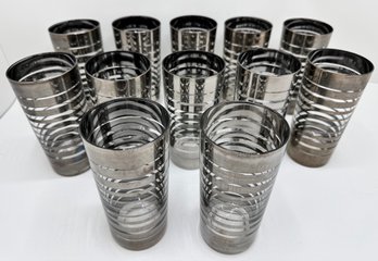 Set 12 Mid Century Modern Highball Glasses With Graduated Silver Bands