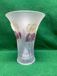 Vintage Art Glass Vase With Iris. Stands 9 9/16' Tall.