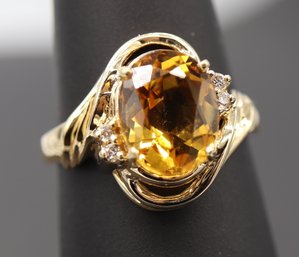 Stunning Large Citrine & Diamond Accent Ring In 14k Yellow Gold