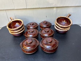 Six Vintage Mini USA Soup Bowls With Lids Paired With Six Hull Onion Soup Bowls With Handles