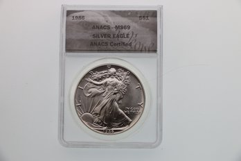 1986 Anacs Ms 69 Silver Eagle .999 One Ounce Silver Coin