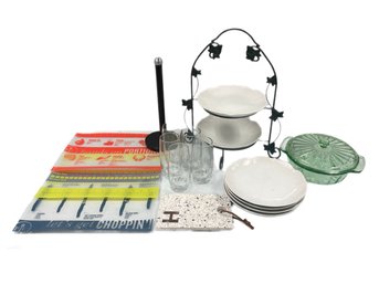 Kitchen Lot, Two Teired Serving Plate,  3 Cutting Mats, Papertowl Holder, 5 Glasses, Covered Dish