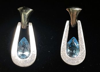 Stamped 925 Silver And Blue Stone Pierced Earring Set