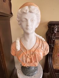 Sugar Marble And Rose Marble Bust Of Lady With Hat