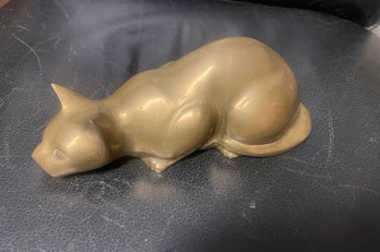 Modern 1980s Cat Laying Down  . Heavy Brass Sculpture. . Great Patina 8 Inches Long