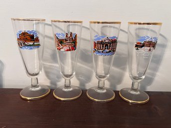 Set Of 4 Vintage Pilsner Beer Glasses - Rome /italy Theme With Gold Trim