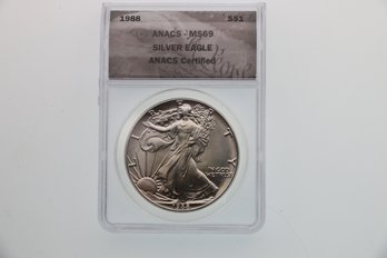 1988 Anacs Ms 69 Silver Eagle .999 One Ounce Silver Coin