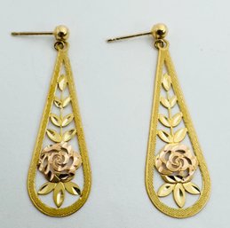 14K YELLOW AND ROSE GOLD BRIGHT CUT FLORAL DANGLE EARRINGS