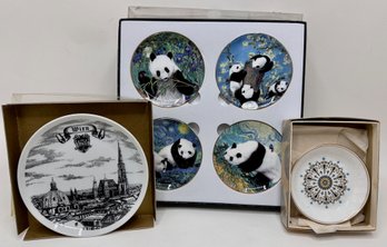 New In Box Small Collectors Plates: Set 4 Stechcol Pandas, Royal Worchester & Viennes Plate