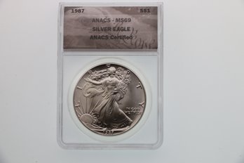 1987 Anacs Ms 69 Silver Eagle .999 One Ounce Silver Coin