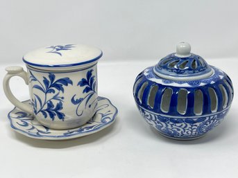 Blue And White Reticulated Potpourri Lidded Ceramic Box And A Tea Cup With Infuser, Lid And Saucer