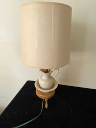 Vintage White Ceramic Water Basin Wooden Stool Base Accent Lamp