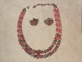 Beautiful Vendome Pink Iridescent & Rhinestone Double Strand Necklace With Matching Earrings