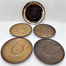 Small Vintage Pfaltzgraff Brown Glaze Plate & 4 Small Rustic Ceramic Plates