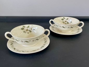 Vintage Pair Of Footed Handled White Dogwood Soup Bowl And Saucer Sets