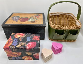 Hand Painted Pine Box, Basket, Floral Cardboard Jewelry Box, & 2 Heart Shaped Trinket Boxes