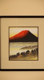 GREAT FRAMED JAPANESE INK ON SILK PAINTING OF MT. FUJI AT SUNSET