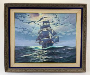 Listed Artist Henry Plawin Oil Painting Moonlight Clipper Ship Lightning