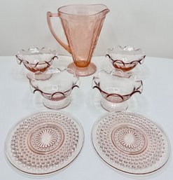 Vintage Pink Depression Glass Vase, 4 Ruffled Dessert Bowls & 2 Small Hobnail Plates