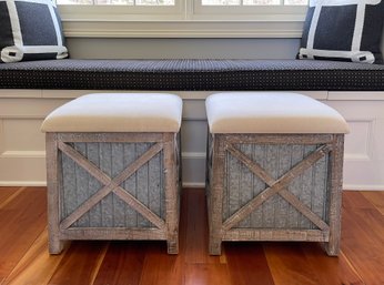 Weathered Wood And Galvanized Metal Storage Cube Ottomans- A Pair